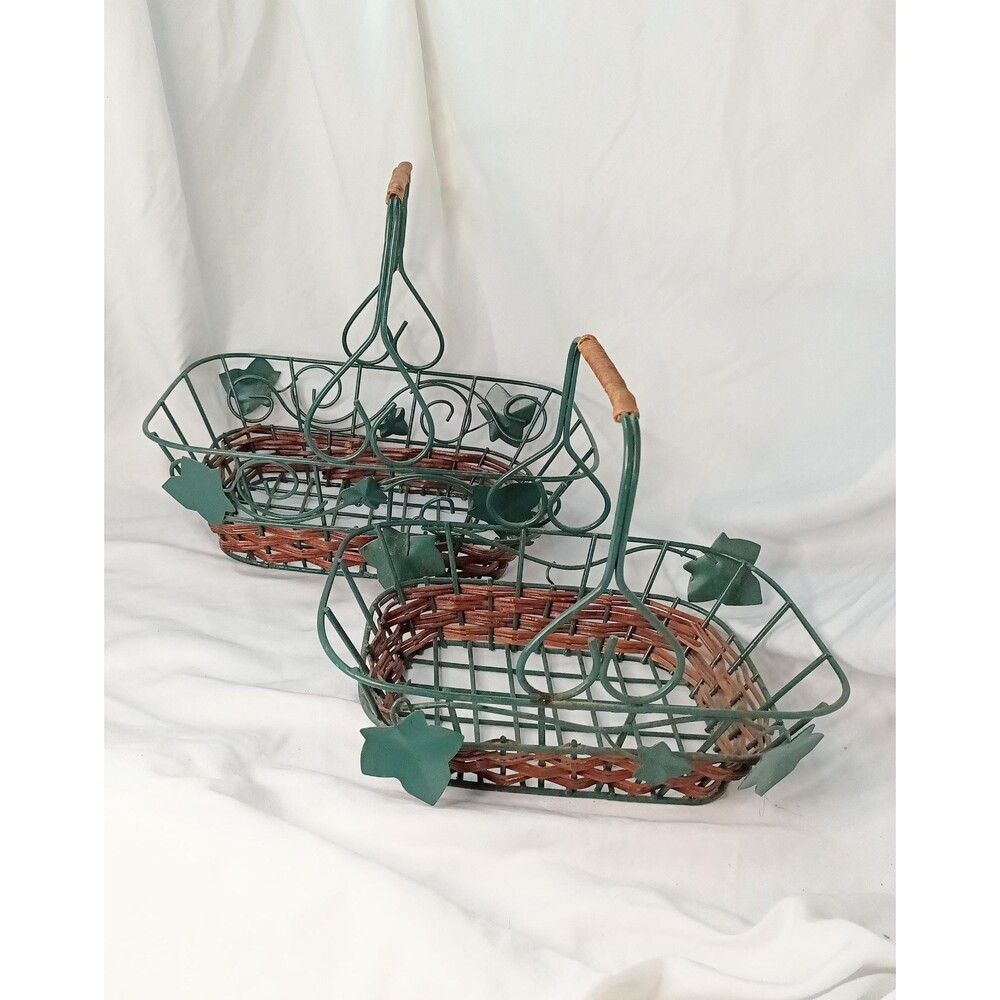 Pair of Rectangular Green Metal Baskets with Leaves